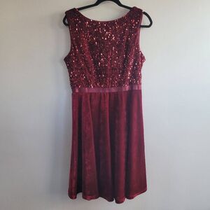 Burgundy fit & flare knee length sequined velvet dress sleevless glam
